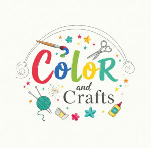 color and Crafts Holding Page Logo - a bright and colorful, hand drawn logo with craft elements surrounding it to form a circular border, encompassing the logo text.
